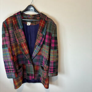 Glenover Women's Vintage Wool, Jewel Tone Patch Plaid Blazer, SZ 14